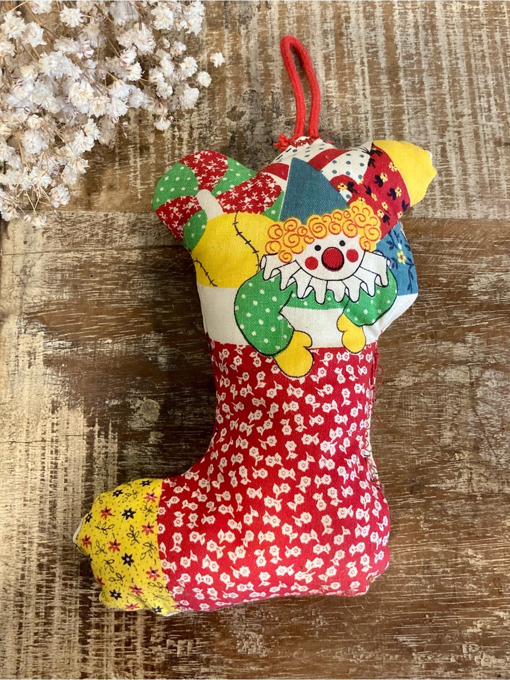 Vintage Plush Ornament Patchwork Clown Christmas Stocking Handmade